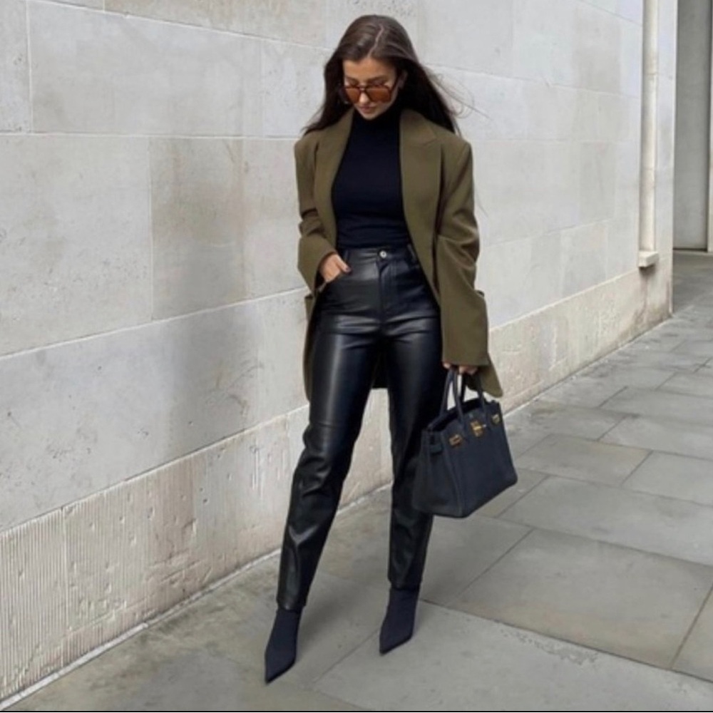 Zara Vegan Black Faux Leather Trousers High Waist Straight Leg